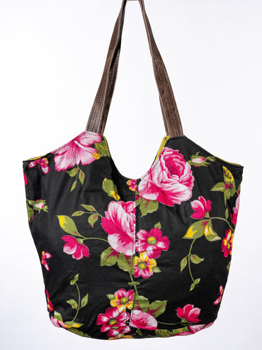 Praia Beach Handtasche, Groß - Preto/ Flores (Schwarz/Blumen)